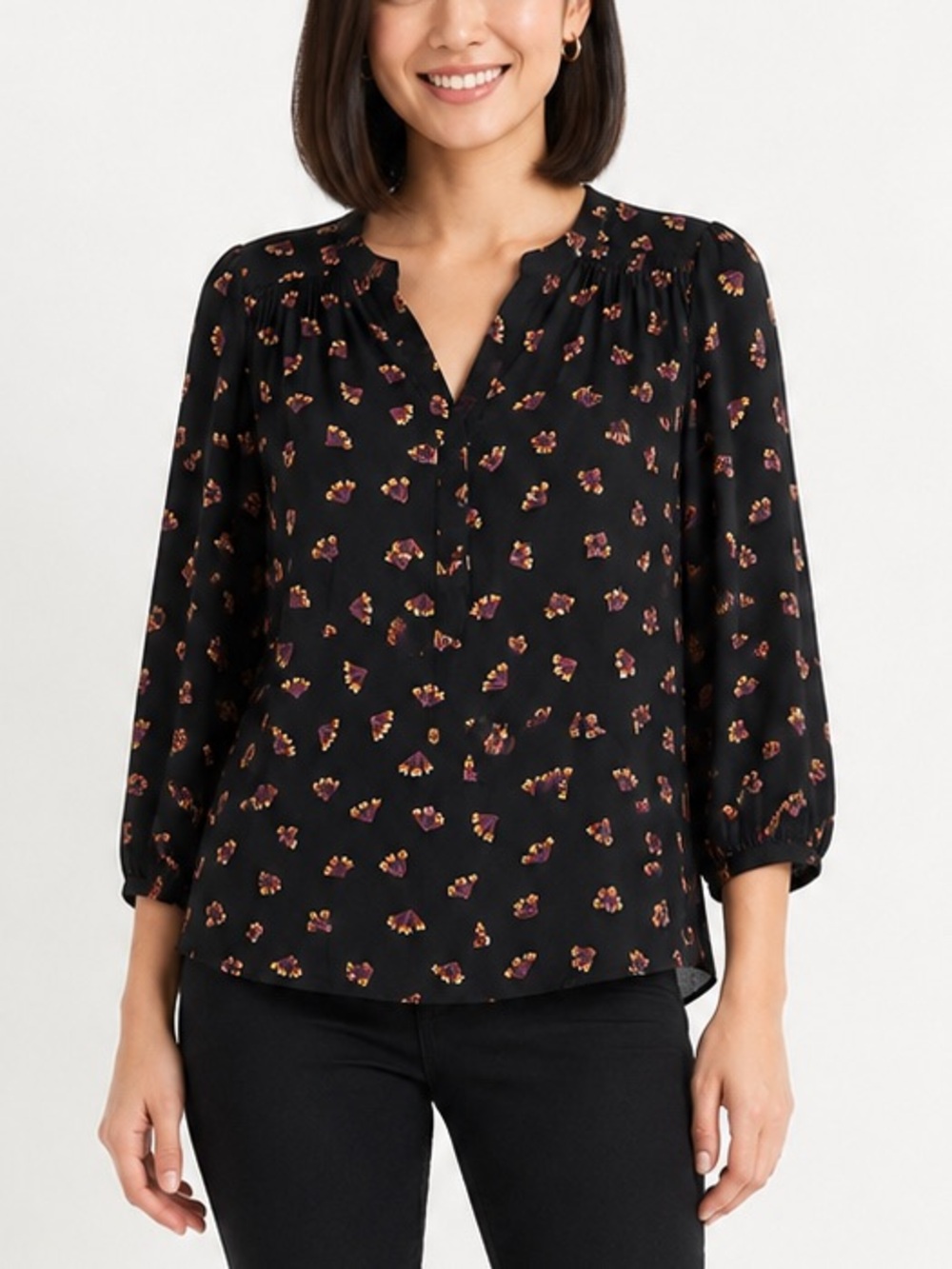 Daniel Rainn Black Geometric Fan Print Split Neck Blouse Boho Casual Fall Top S